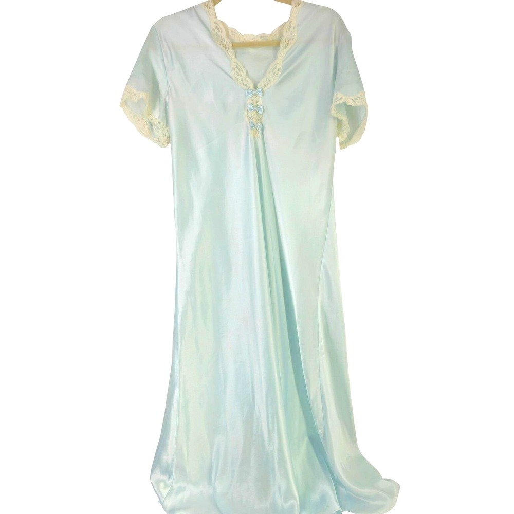 Vintage Light Blue Satin Nightgown Bow Lace Trim Short Sleeve Women's Retro Glam